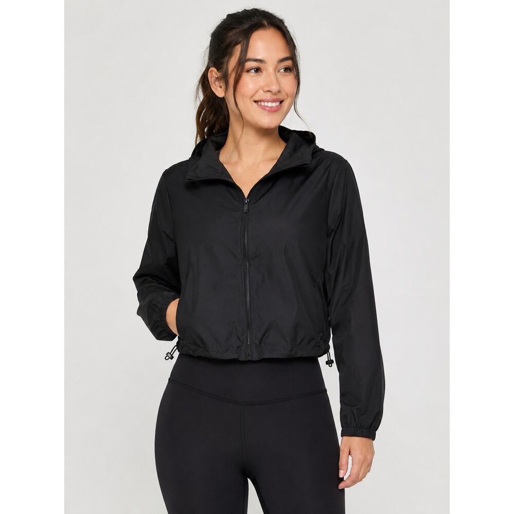 All In Motion Black Hooded Windbreaker Jacket Womens XS Cropped Zip Up